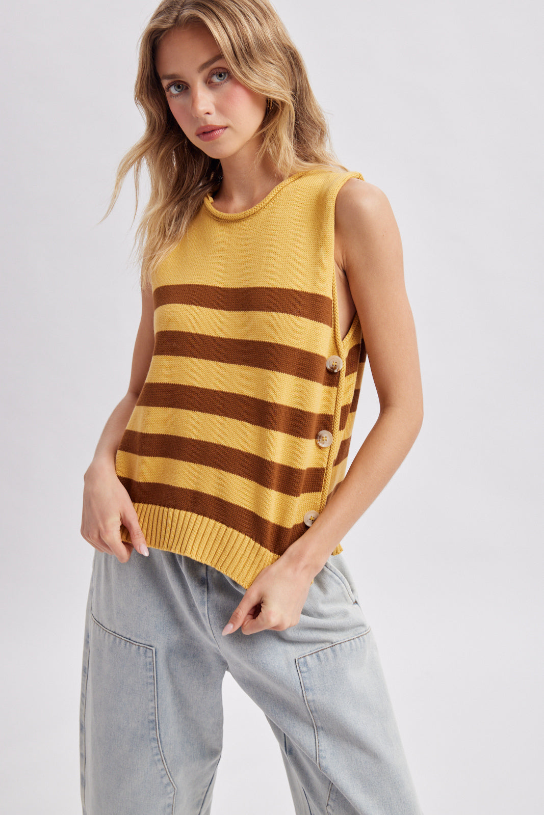 Striped Side Button Sweater Vest Mustard + Chocolate