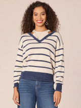 Vneck Novelty Stitch Stripe Twofer Sweater Navy + Ecru