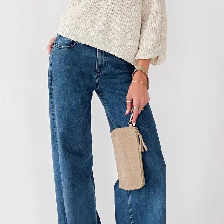 Suede Emma Woven Clutch Wristlet Taupe