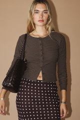 Ribbed Button Front Fine Stripe Top Chocolate