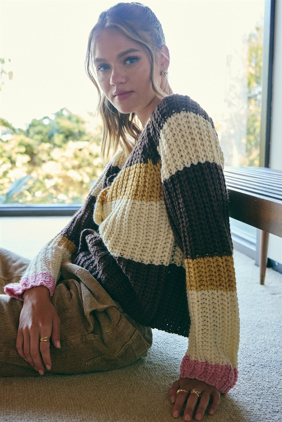 Multi Stripe Chunky Sweater Cardigan Brown Multi