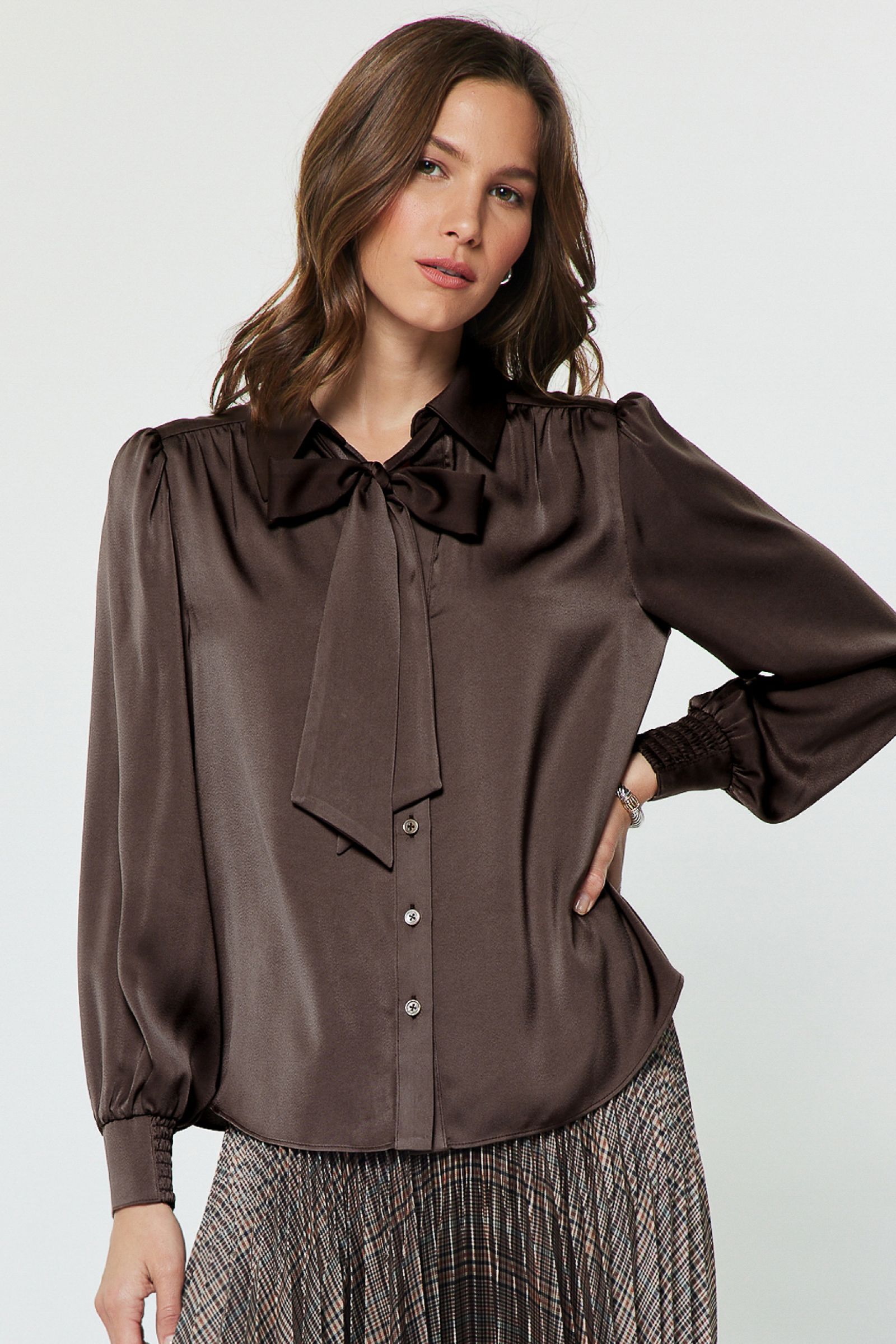 Satin Tie Neck Smock Cuff Blouse Brown