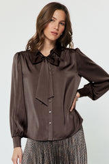 Satin Tie Neck Smock Cuff Blouse Brown