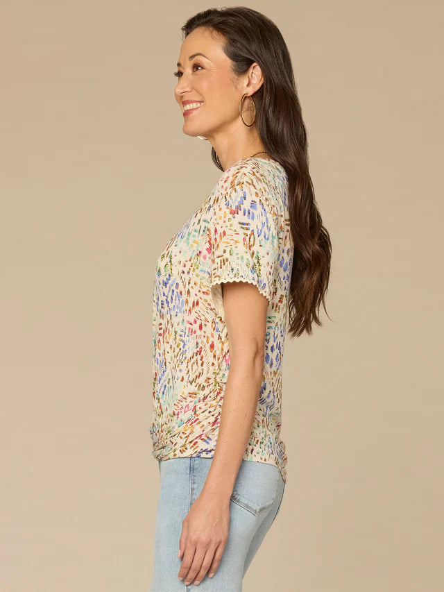 Short Sleeve Side Twist Printed Top Heather Jute Multi