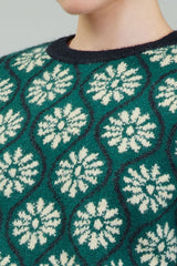 Mod Floral Pullover Sweater Deep Green Multi