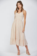 Stripe Smocked Bodice V Neck Dress Beige Multi