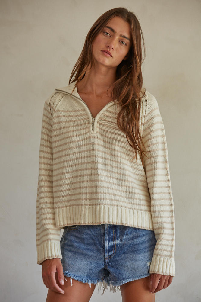 Clarke Stripe Quarter Zip Pullover Sweater Cream + Taupe
