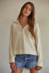 Clarke Stripe Quarter Zip Pullover Sweater Cream + Taupe
