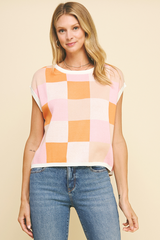 Colorblock Squares Sweater Vest Top Orange Multi