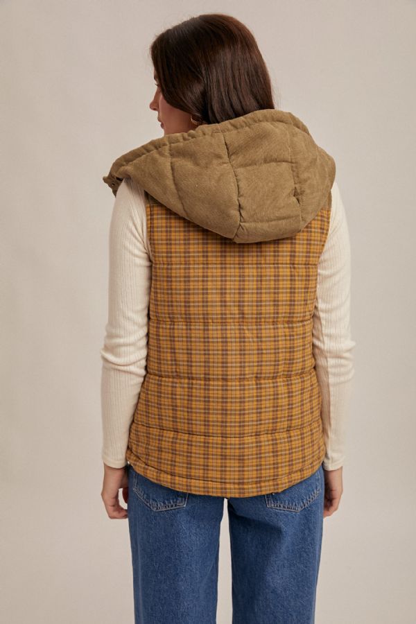 Corduroy Mixed Plaid Puffer Vest Mustard