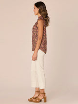 Ruffle Stand Collar Printed Woven Tank Dark Roast + Canyon Rock
