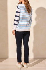 Mix Stripe 3/4 Sleeve Crew Neck Sweater Jet Blue