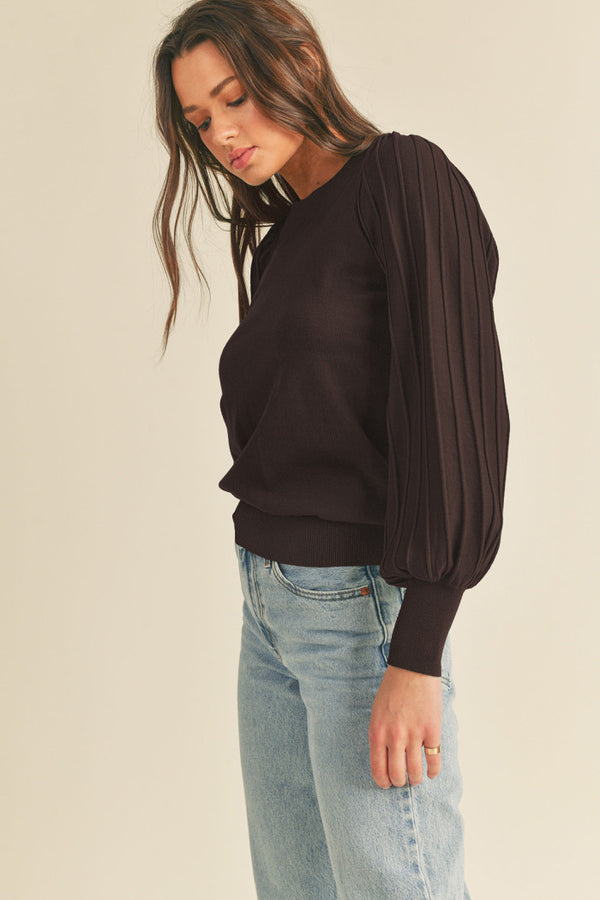 Stripe Texture Balloon Sleeve Pullover Chocolate Brown
