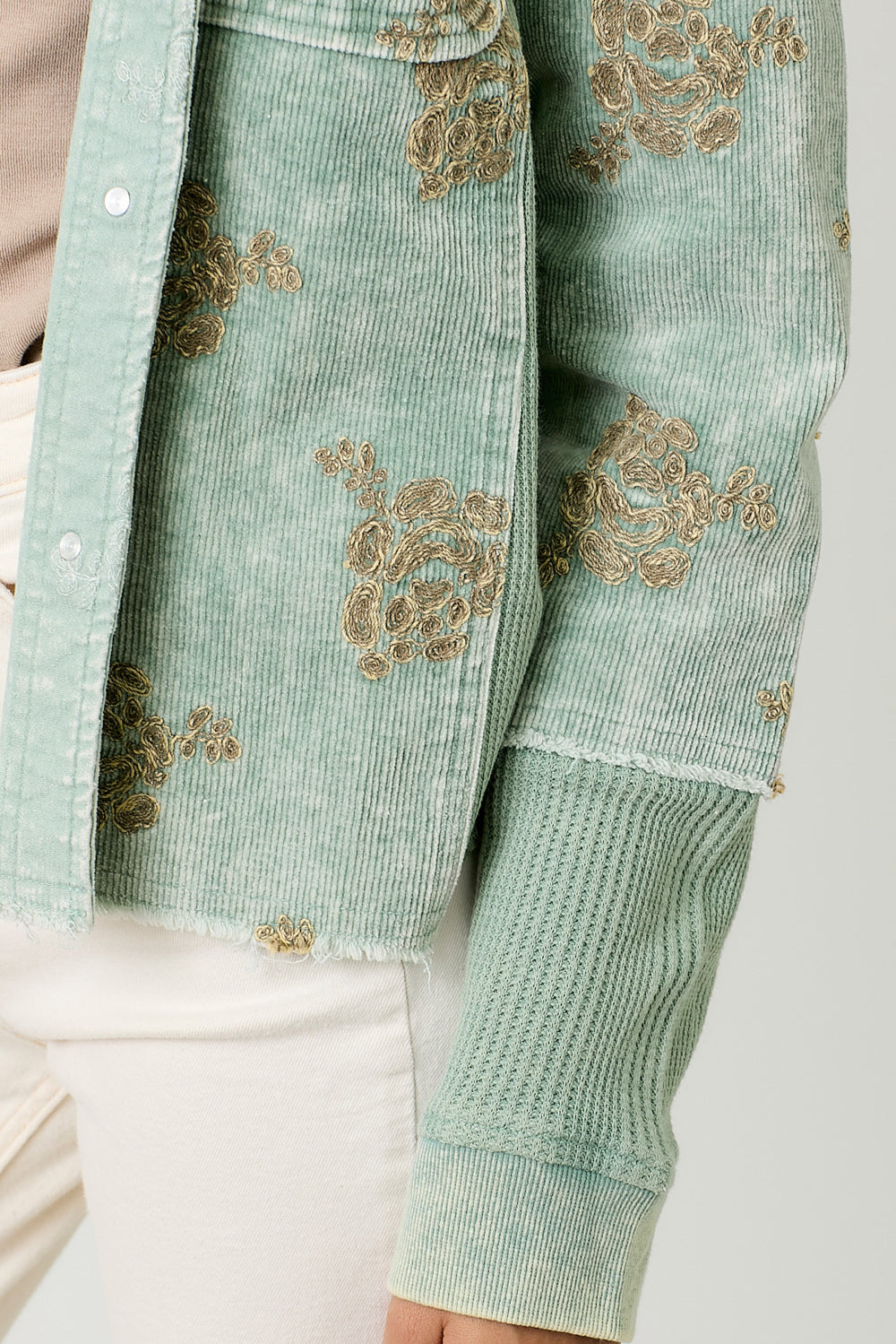 Flower Emb. Waffle Corduroy Mix Hoodie Jacket