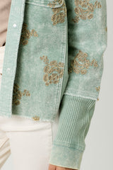Flower Emb. Waffle Corduroy Mix Hoodie Jacket