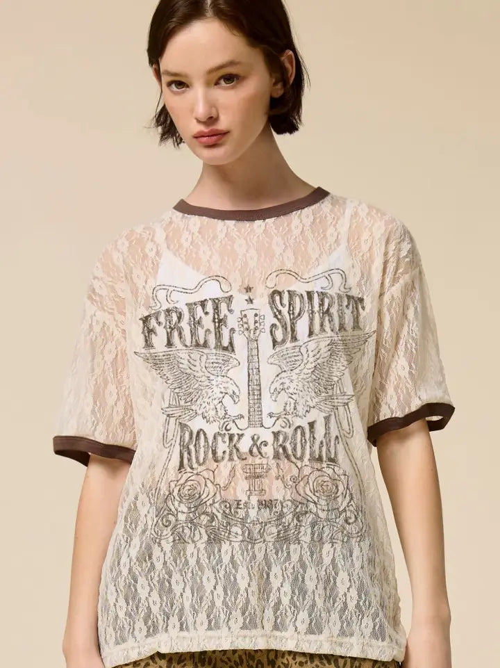 Vintage Free Spirit Rock & Roll Sheer Lace Tee Cream