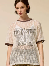 Vintage Free Spirit Rock & Roll Sheer Lace Tee Cream