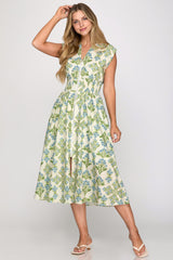 Bluebell Floral Smocked Detail Zip Midi Dress Blue