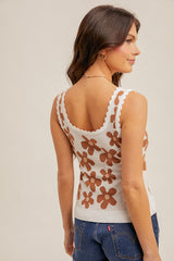 Scallop Edge Floral Jacquard Sweater Knit Tank White + Brown