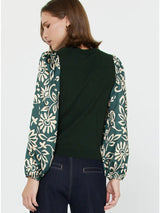 Printed Satin Sleeve Button Detail Mix Media Top Teal Multi