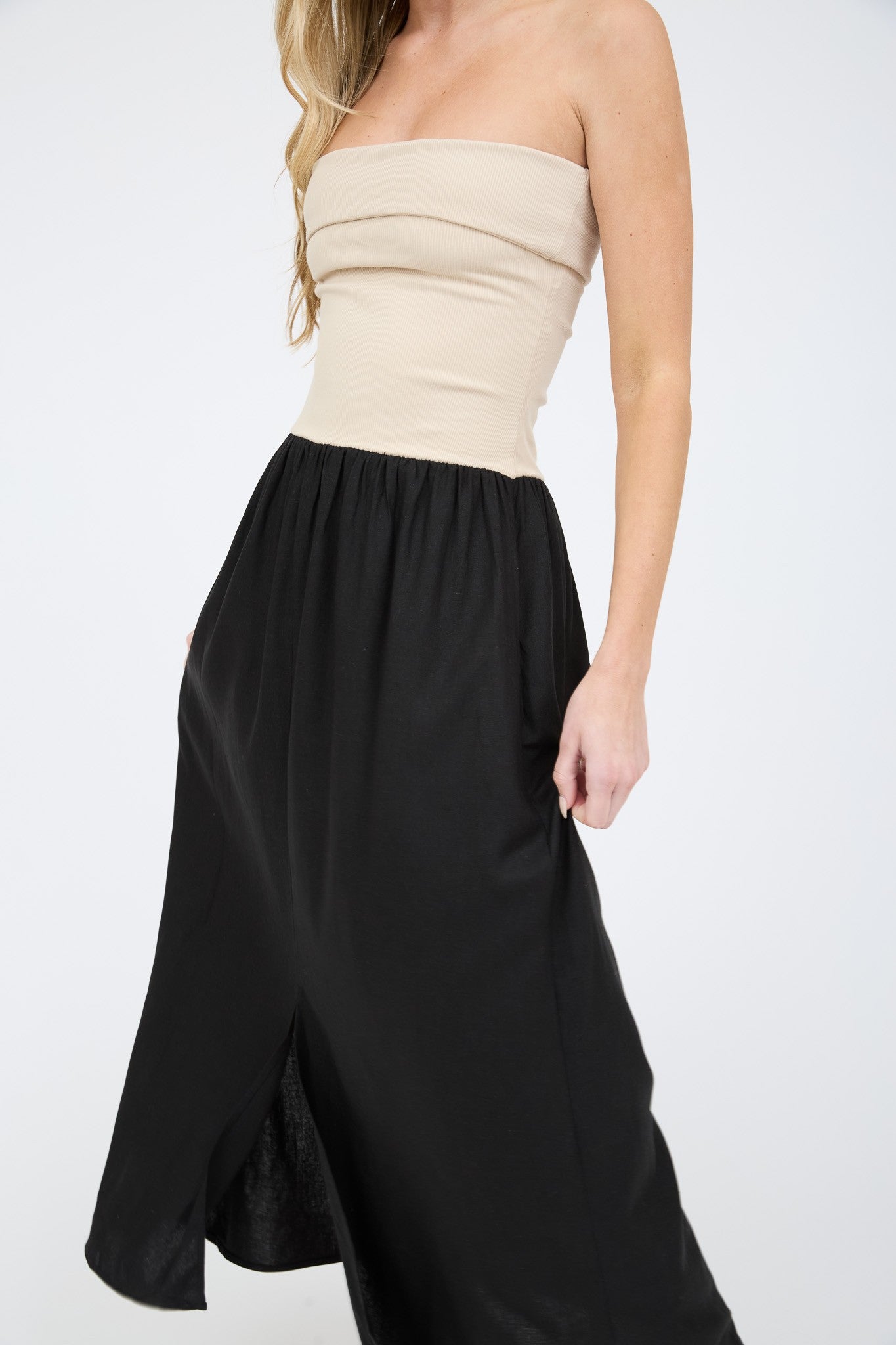 Mix Media Contrast Strapless Fold Over Midi Dress Black