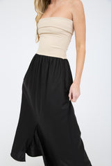 Mix Media Contrast Strapless Fold Over Midi Dress Black
