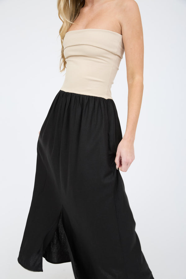 Mix Media Contrast Strapless Fold Over Midi Dress