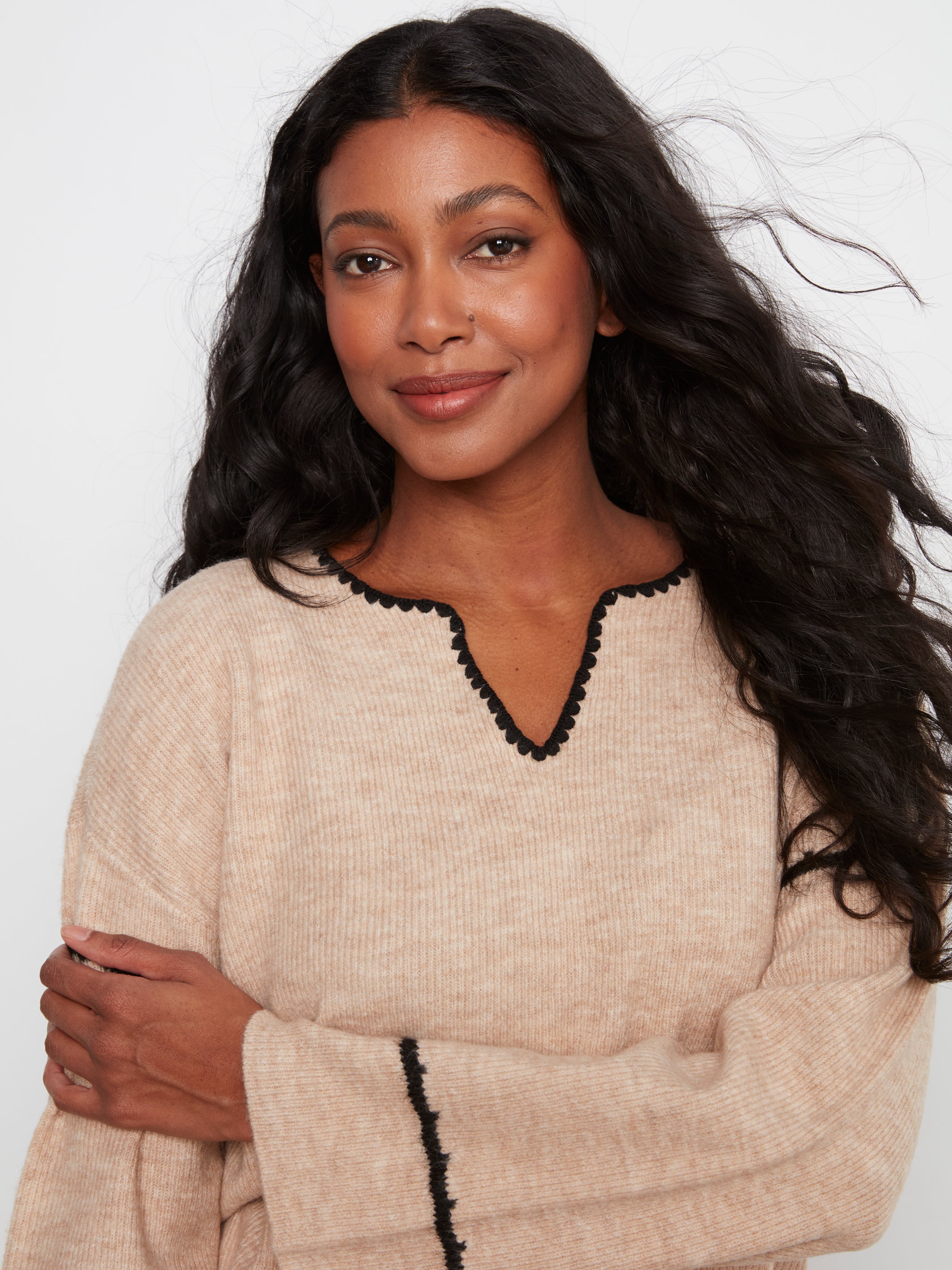 Notched Neck Rib Embroidered Sweater Almond