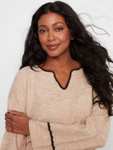 Notched Neck Rib Embroidered Sweater Almond