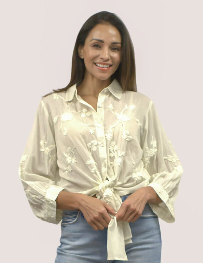 Alanis Tonal Tied Button Down Shirt Oatmeal