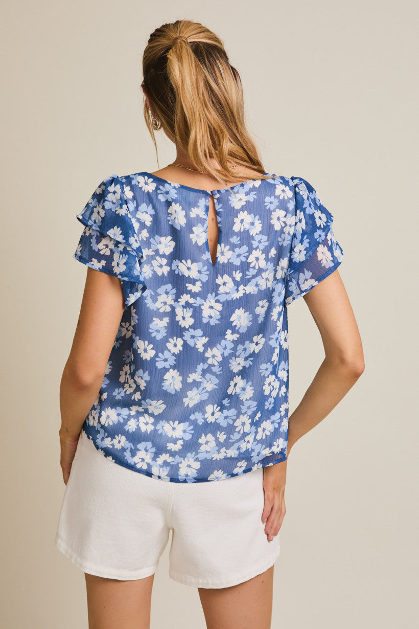 Double Ruffle Sleeve Floral Print Top Blue + White