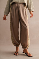 High Waisted Lace Trim Satin Balloon Pants Mocha