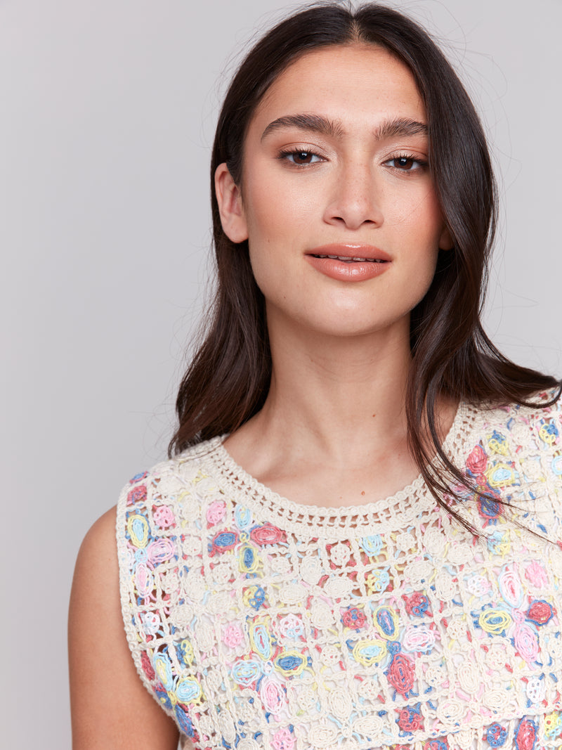 Crochet Floral Squares Tank Natural