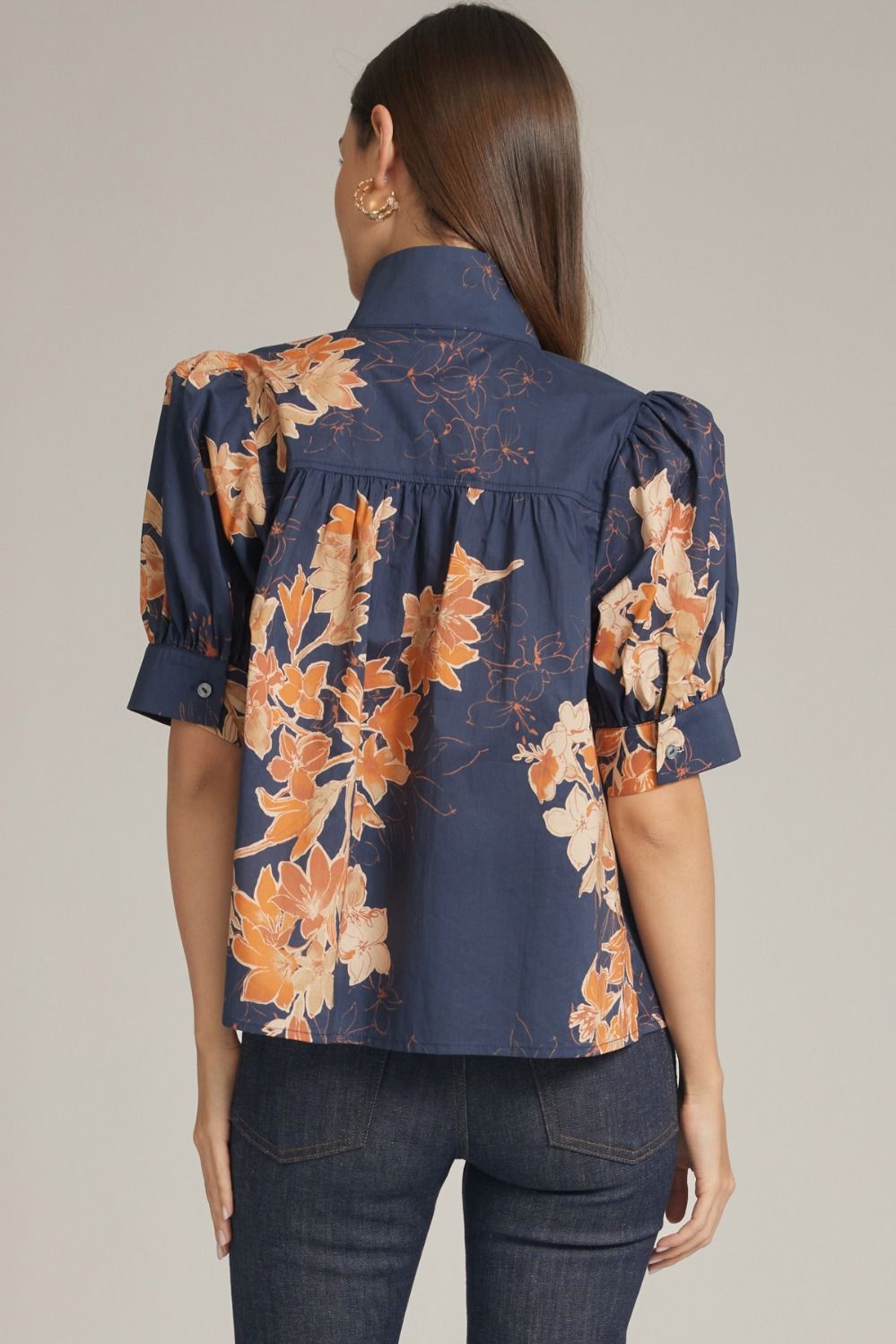 Floral Puff Sleeve Stand Neck Top Midnight