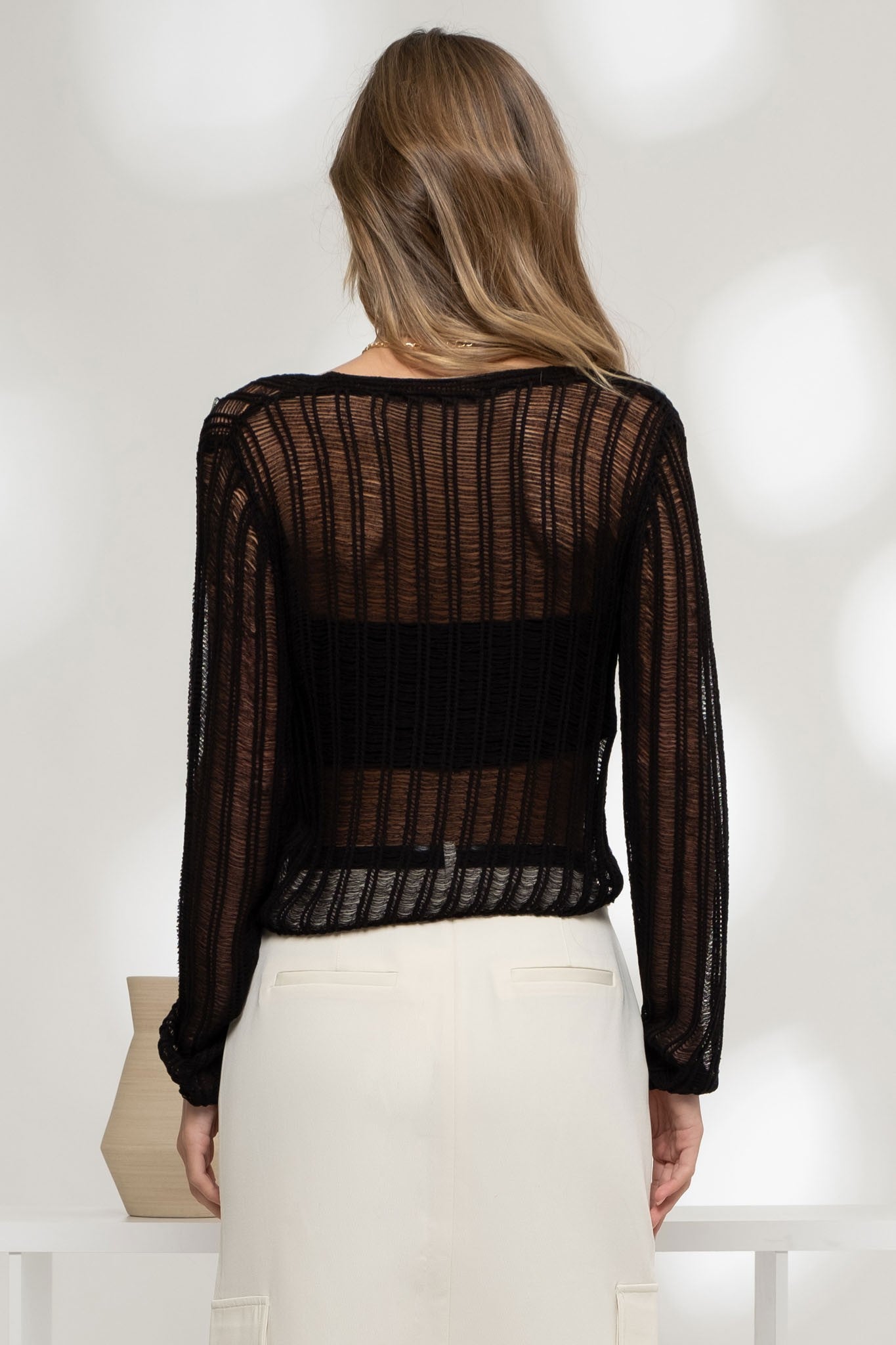 Front Hook & Eye Crochet Knit Cardi Black