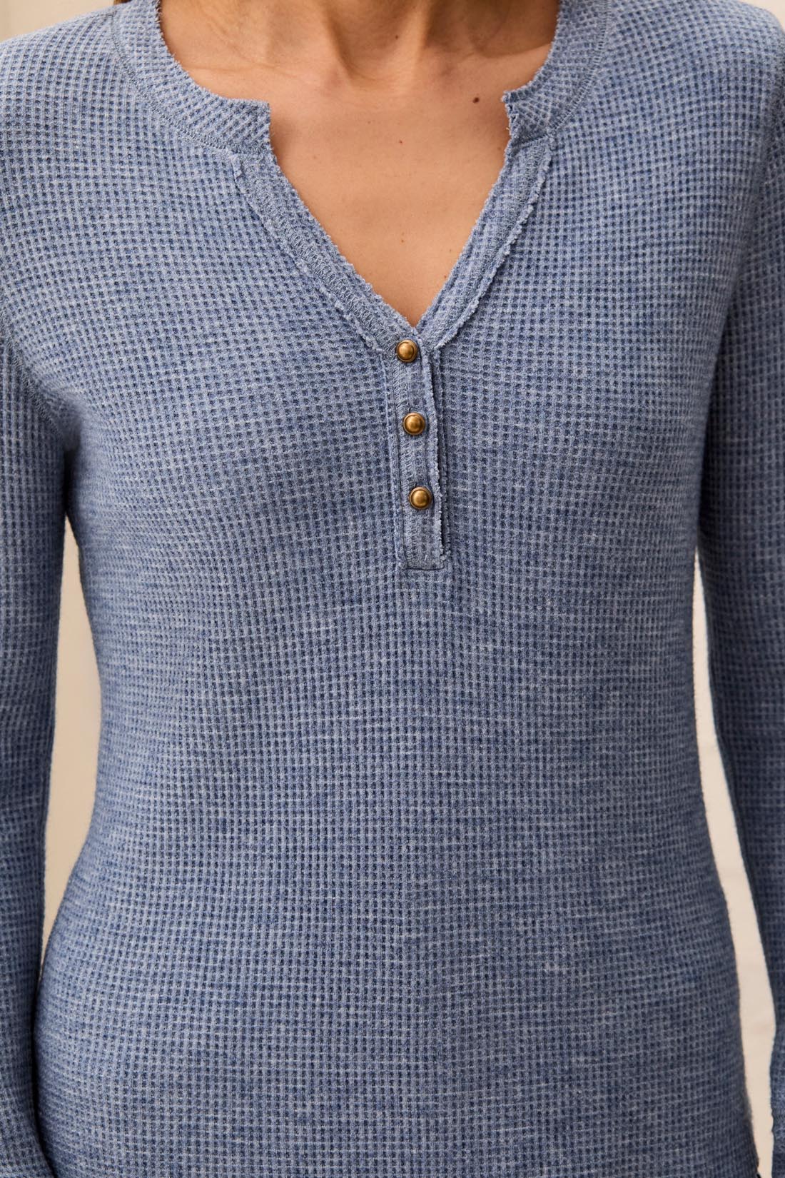 Button Detail Henley Long Sleeve Top Heather Denim