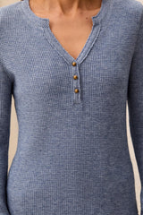 Button Detail Henley Long Sleeve Top Heather Denim