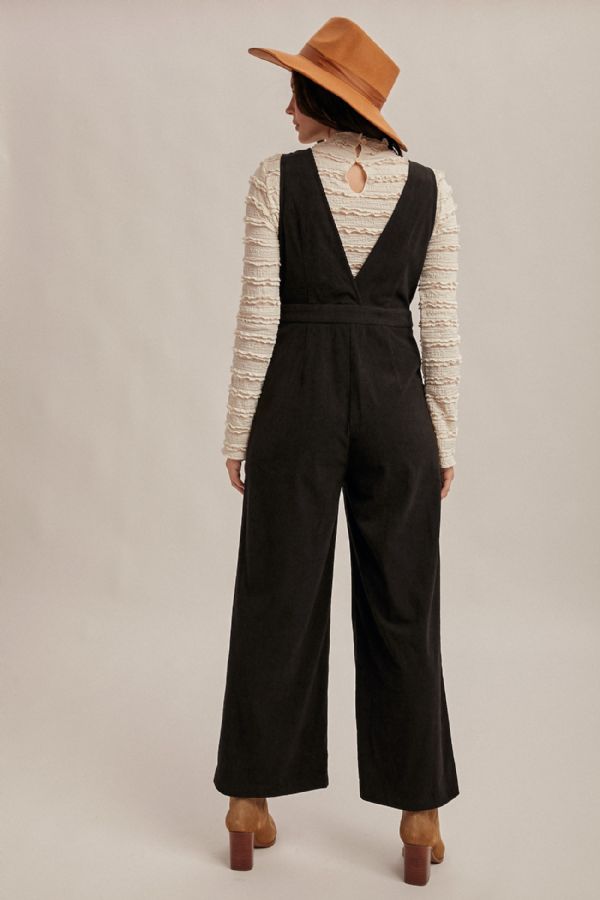 Scoop Neck Corduroy Jumpsuit with Pockets Black