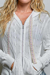 Floral Lace String Cable Knit Zip Hoodie Sweater Off White