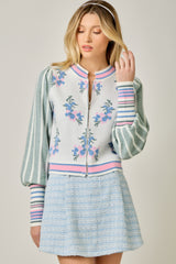 Floral Sweater Bomber Jacket Ivory