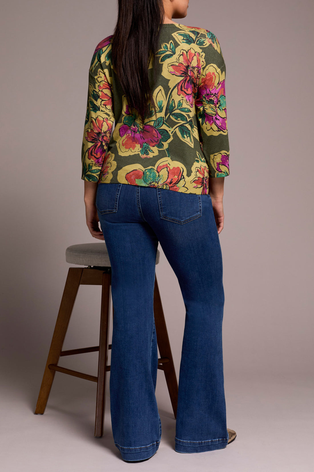 Floral Print 3/4 Sleeve Sweater Chive