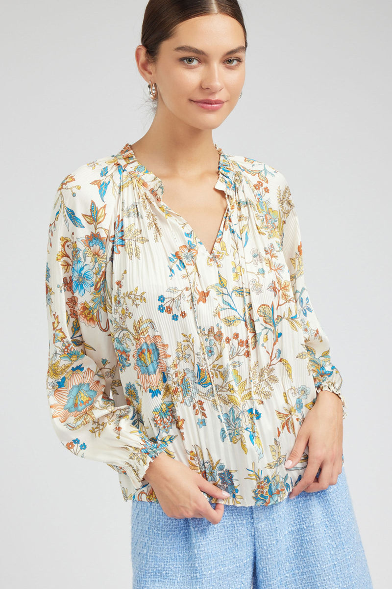 Long Sleeve Ruffled Split Neck Floral Self Tie Blouse Multi