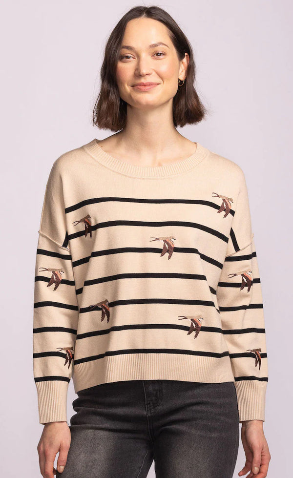 Cruz Striped Birds Sweater Beige