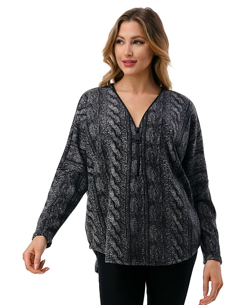 Dolman Zipper Top Black Cable Print