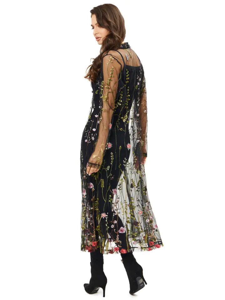 Enchanting Floral Embroidered Duster Black