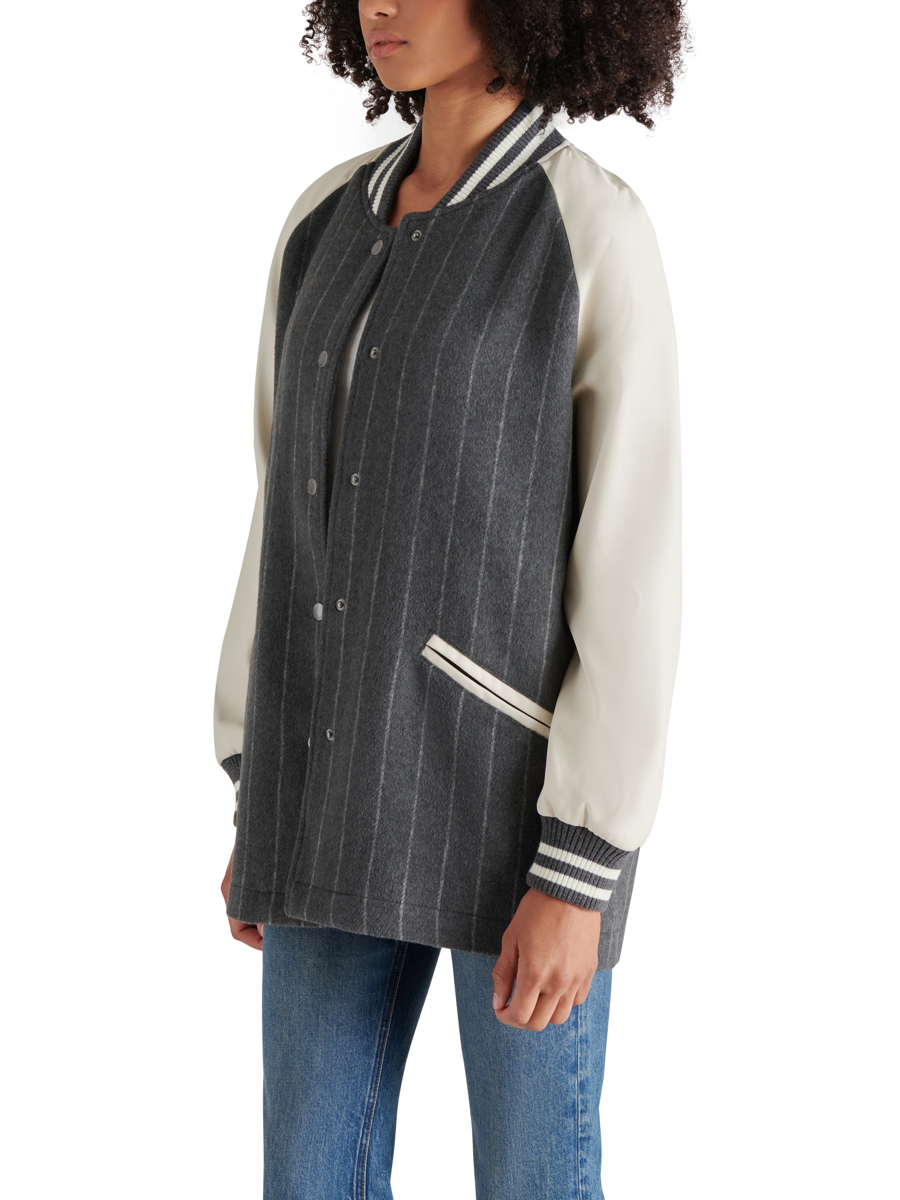Skylie Brushed Pinstripe Stadium Jacket Grey