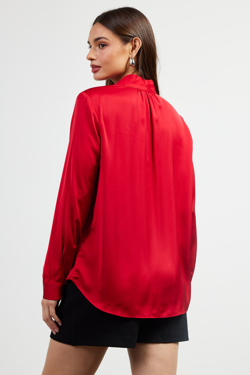 Shoulder Shirred Tied Scarf Neck Satin Blouse Ruby Red