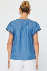 Chambray Crochet Edge Flutter Sleeve Split Neck Blouse Chambray