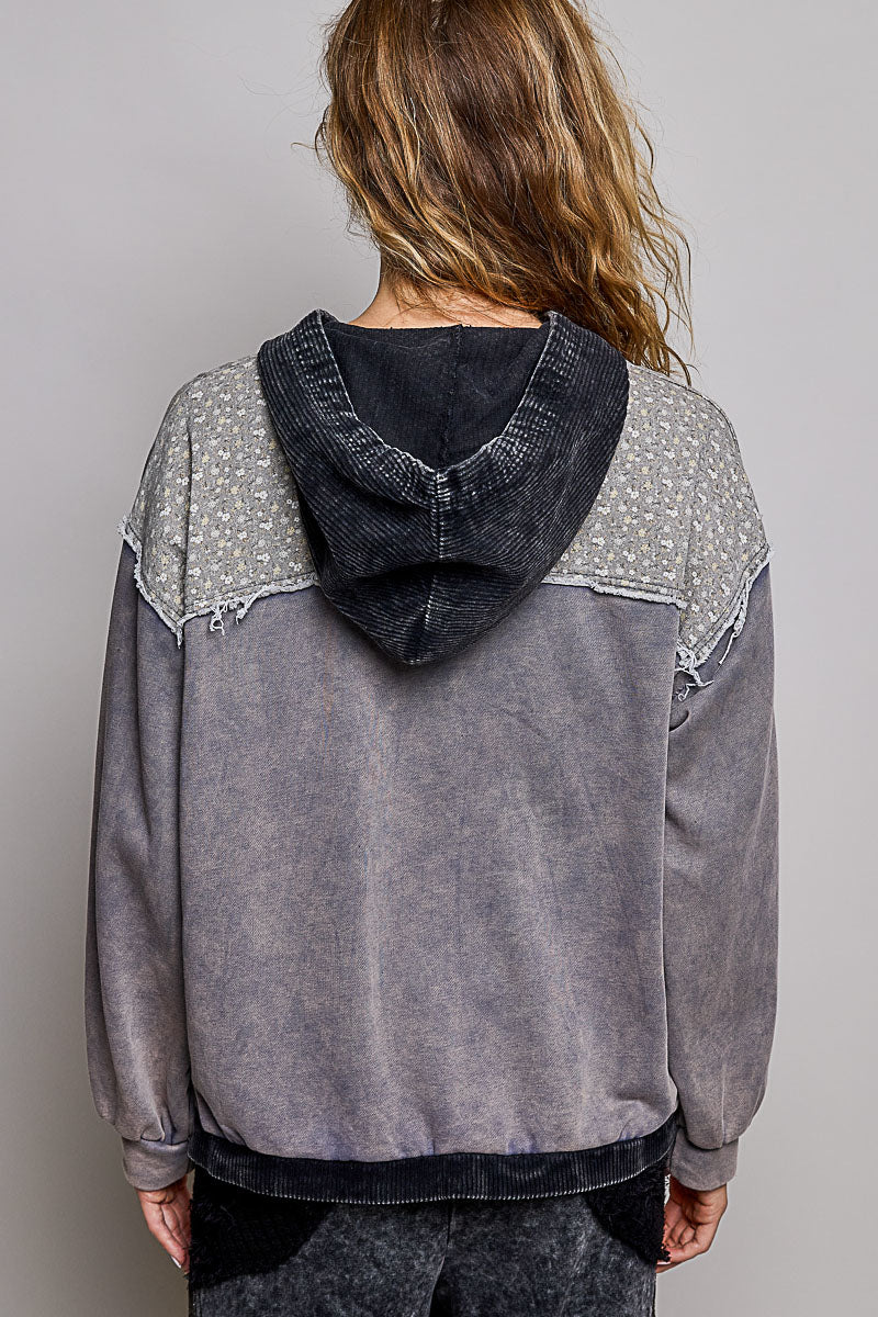 Vintage French Terry Mix Panel Hoodie Iron Grey