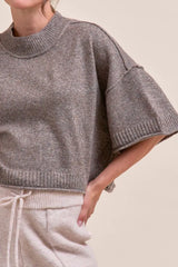 Mock Neck Short Sleeve Boxy Sweater Charcoal Brown